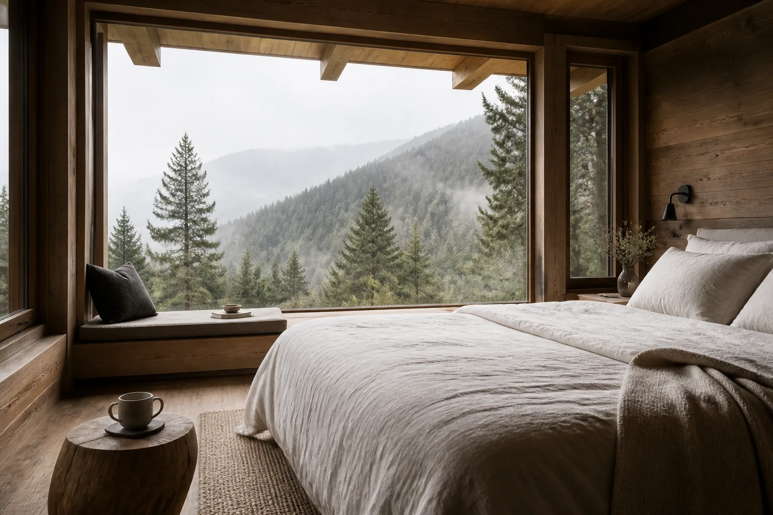 A timber guest room looking onto misty pine-covered mountains